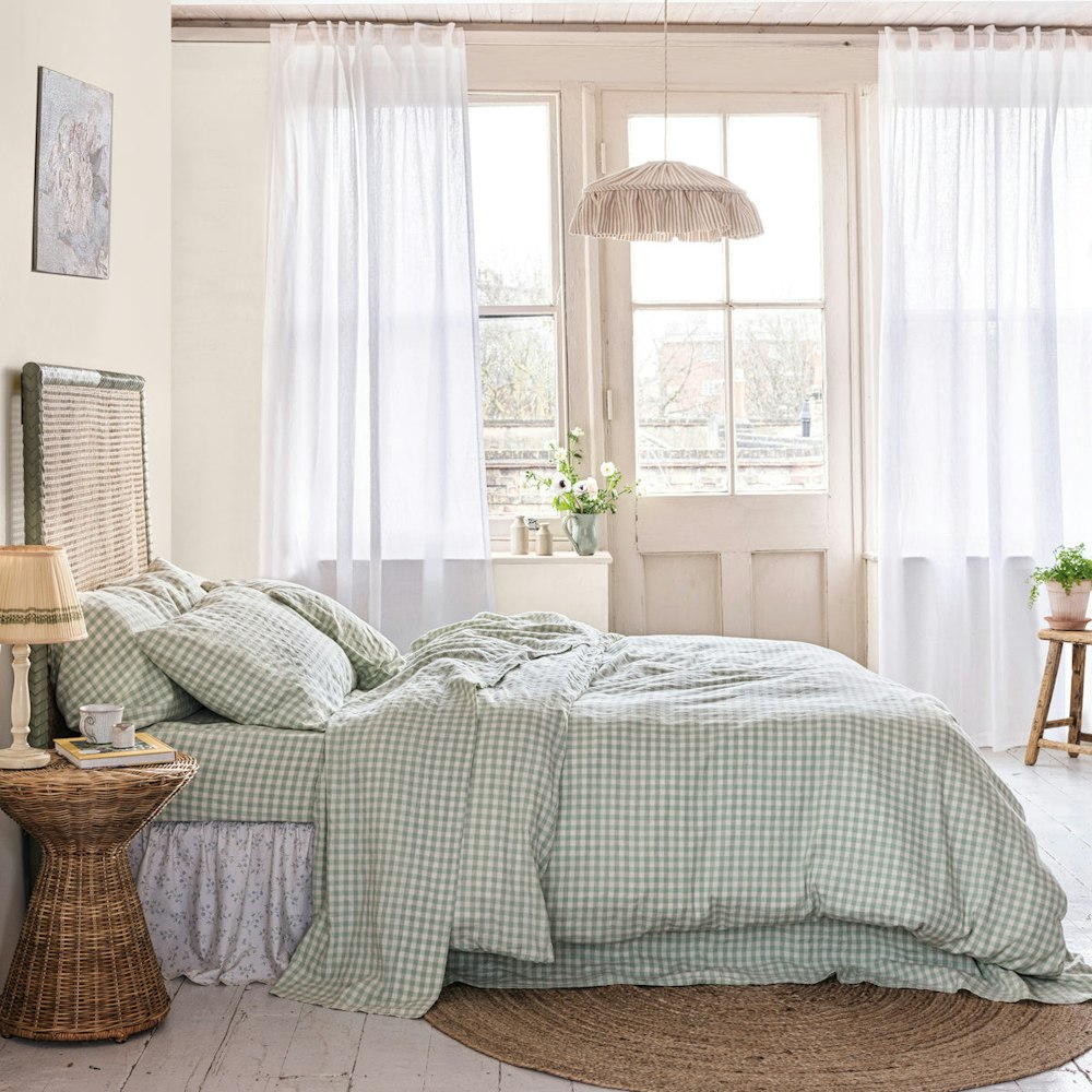 Piglet in Bed Sage Green Gingham Linen Blend Duvet Cover