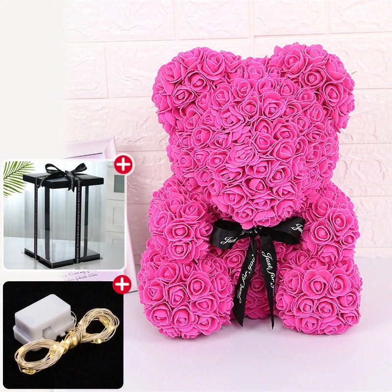 NNEOBA LED Red Rose Teddy Bear: 23cm Artificial Flower - Deep Pink-Led-Box image number null
