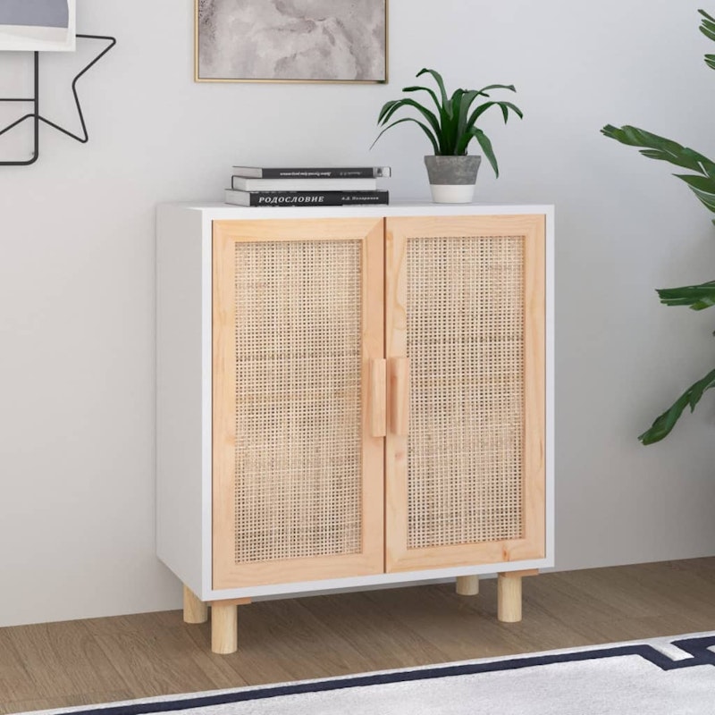 NNEVL Sideboard White 60x30x70 cm Solid Wood Pine and Natural Rattan image number null