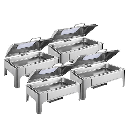 SOGA 4X 9L Rectangular Stainless Steel Soup Warmer Roll Top Chafer Chafing Dish Set with Glass Visual Window Lid image number null