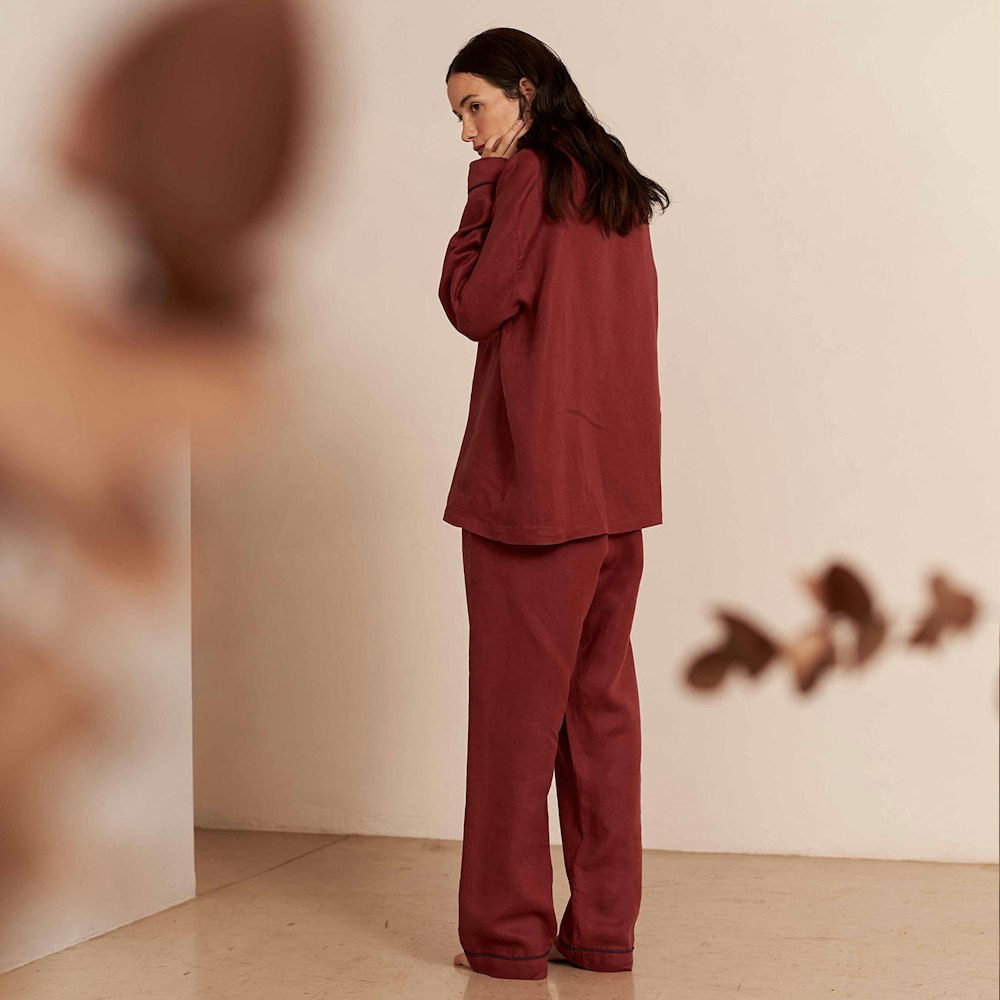 Piglet in Bed Cherry Linen Pyjama Trousers