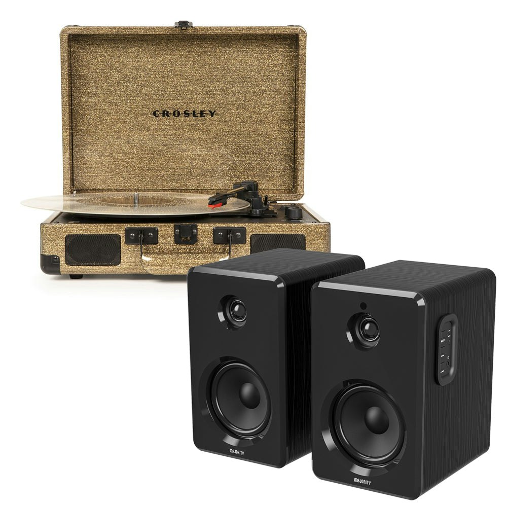 Crosley Cruiser Bluetooth Portable Turntable - Gold + Bundled Majority D40 Bluetooth Speakers - Black