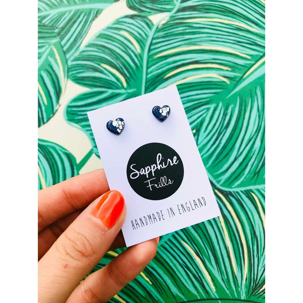Sapphire Frills Mini Navy And Silver Heart Stud Earrings