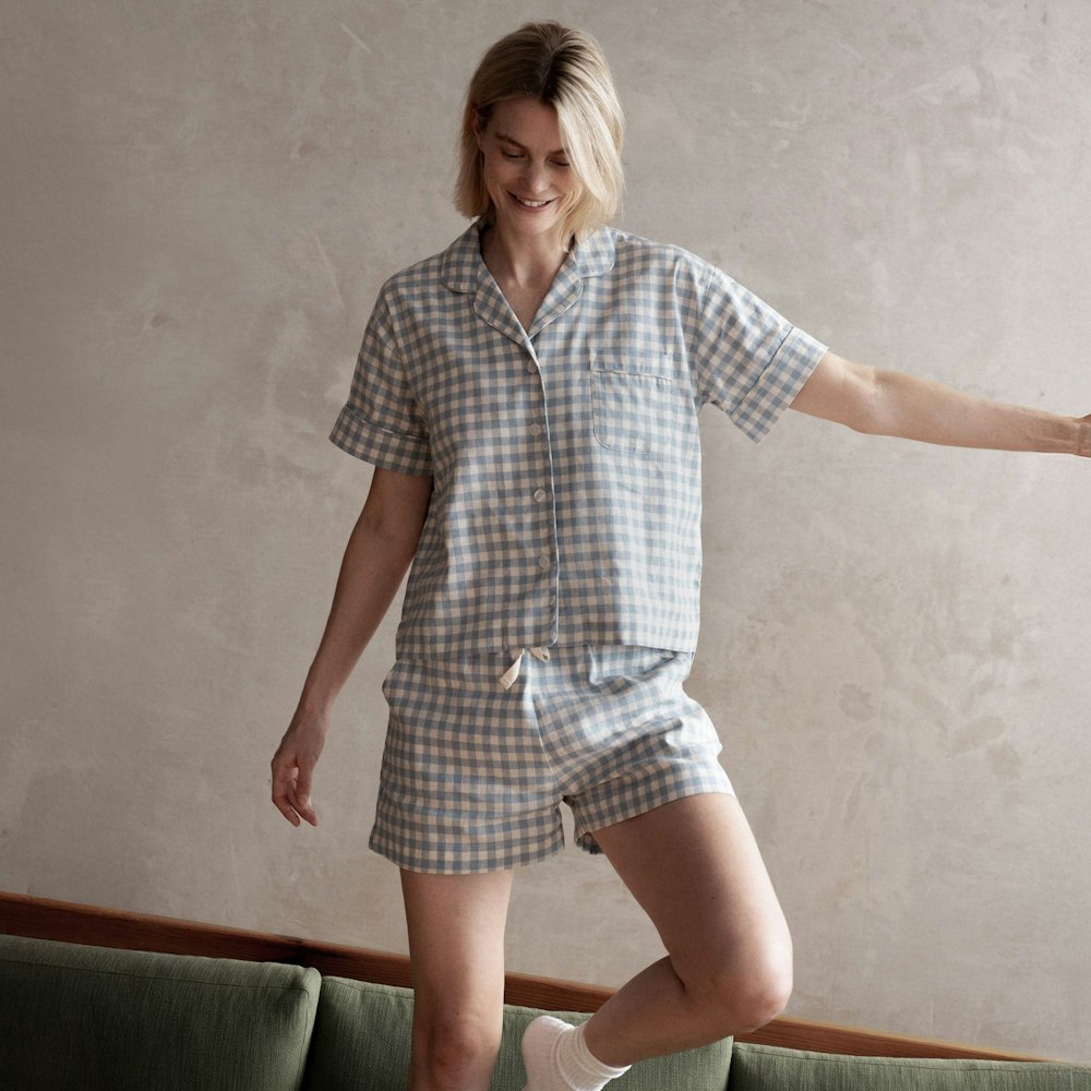 Piglet in Bed Warm Blue Gingham Linen Blend Pyjama Short Set