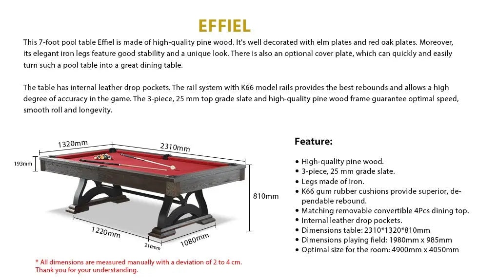 MACE 7FT EIFFEL Slate Pool / Billiards / Snooker Table W/ Dining Top