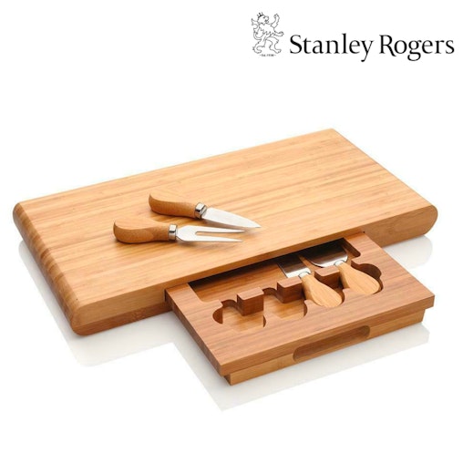 Stanley Roger Cheese Board Set 5Pc Large Bamboo Chopping Block & Cutlery Stanley Roger Cheese Board Set 5Pc Large Bamboo Chopping Block & Cutlery