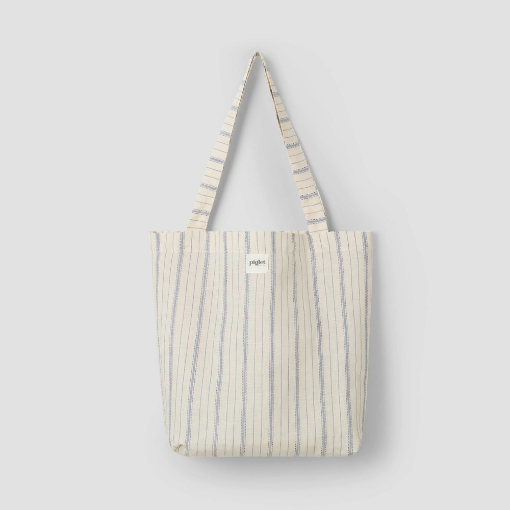Piglet in Bed Dusk Blue Ticking Stripe 100% Linen Tote Bag