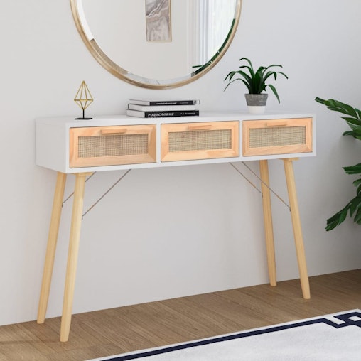 NNEVL Console Table White 105x30x75 cm Solid Wood Pine&Natural Rattan NNEVL Console Table White 105x30x75 cm Solid Wood Pine&Natural Rattan