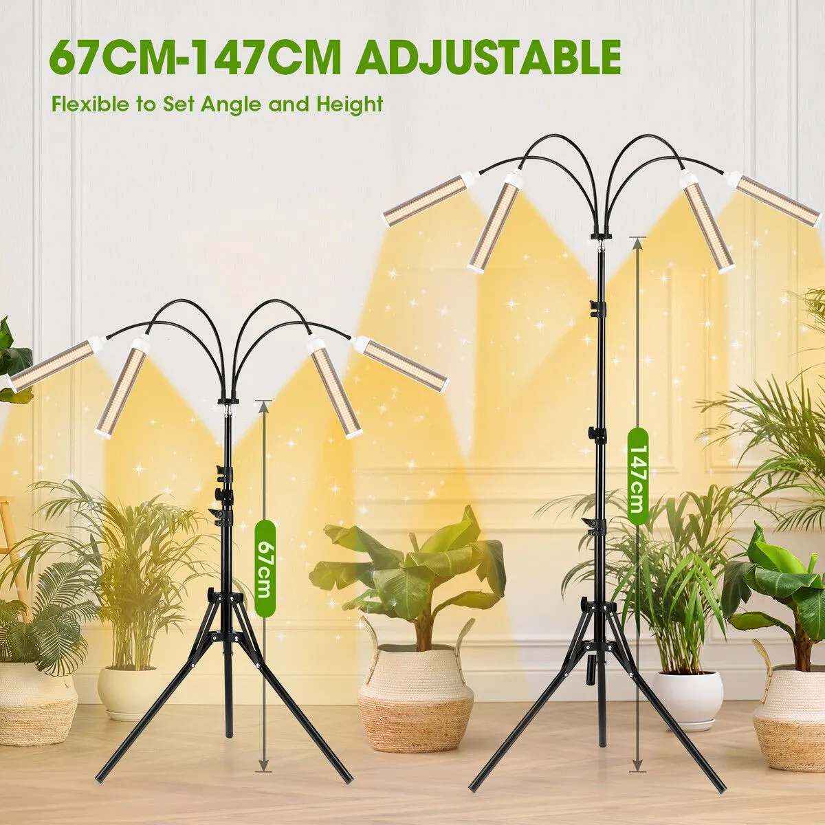 Ausway LED Grow Light Indoor Plants Full Spectrum Growing Lamp 420LEDs 200W 4 Heads Auto Timer Adjustable Tripod Stand