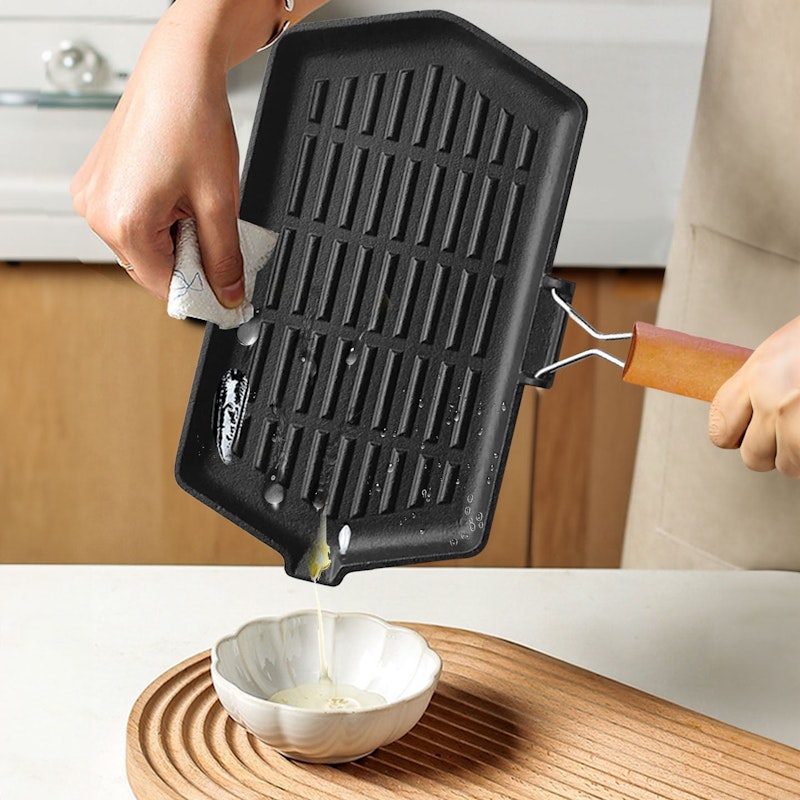 SOGA 2X Rectangular Cast Iron Griddle Grill Frying Pan with Folding Wooden Handle image number null