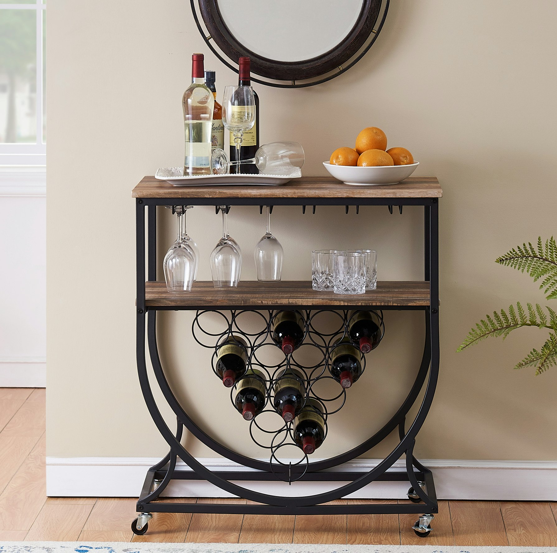 IHOMDEC Industrial Wine Rack Cart with Glass Holder Vintage Brown