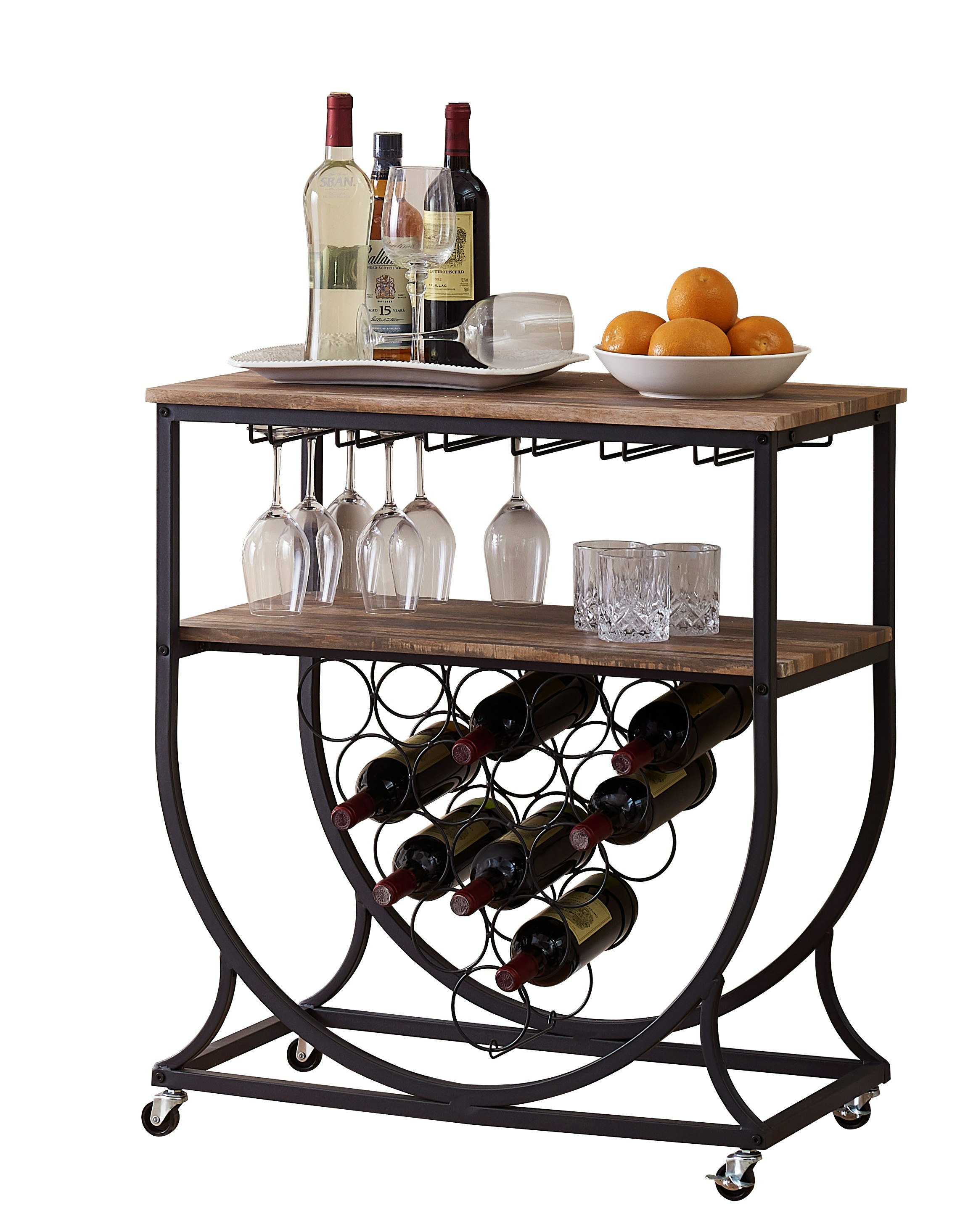 IHOMDEC Industrial Wine Rack Cart with Glass Holder Vintage Brown