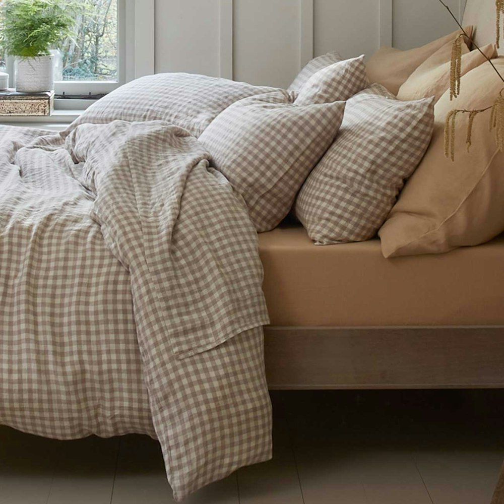 Piglet in Bed Mushroom Gingham Linen Blend Flat Sheet