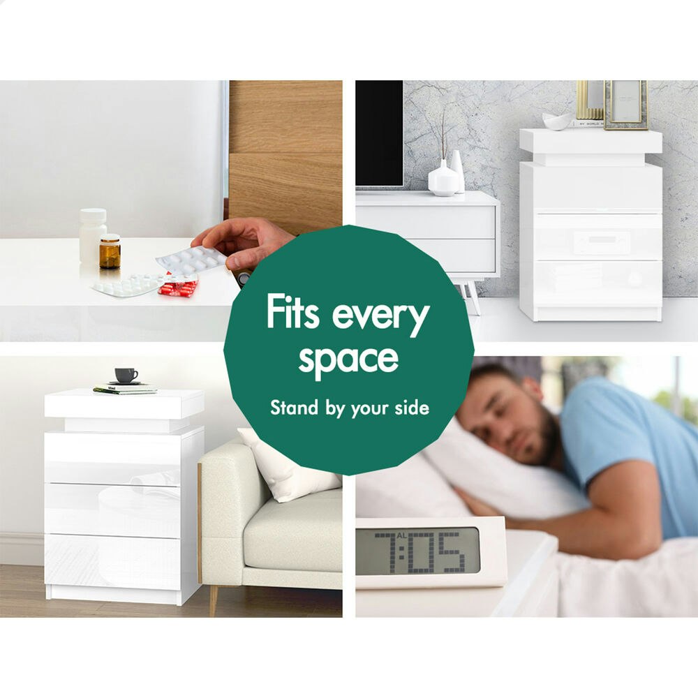 Alfordson 2x Bedside Table LED White Gloss
