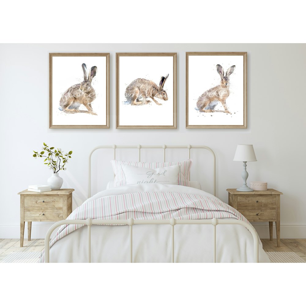 Florence and Lavender Trio Of Watercolour Fine Art Hare Prints