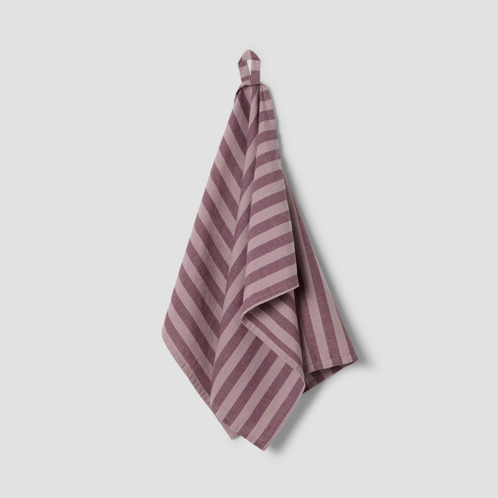 Piglet in Bed Plum Wine Pembroke Stripe Linen Blend Tea Towel
