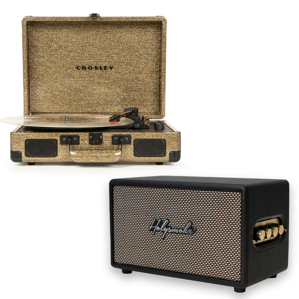 Crosley Cruiser Bluetooth Portable Turntable - Gold + Bundled HolySmoke Bluetooth Retro Speaker - Black