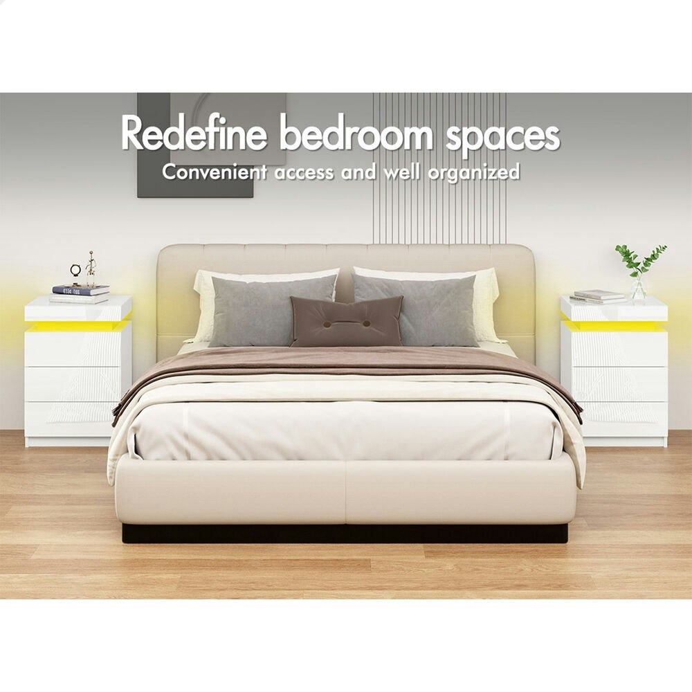 Alfordson 2x Bedside Table LED White Gloss