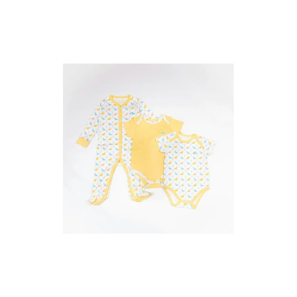 Luca and Rosa Little Ducks Luxury Babygrow And 2 Piece Vest Gift Set In Organic Cotton