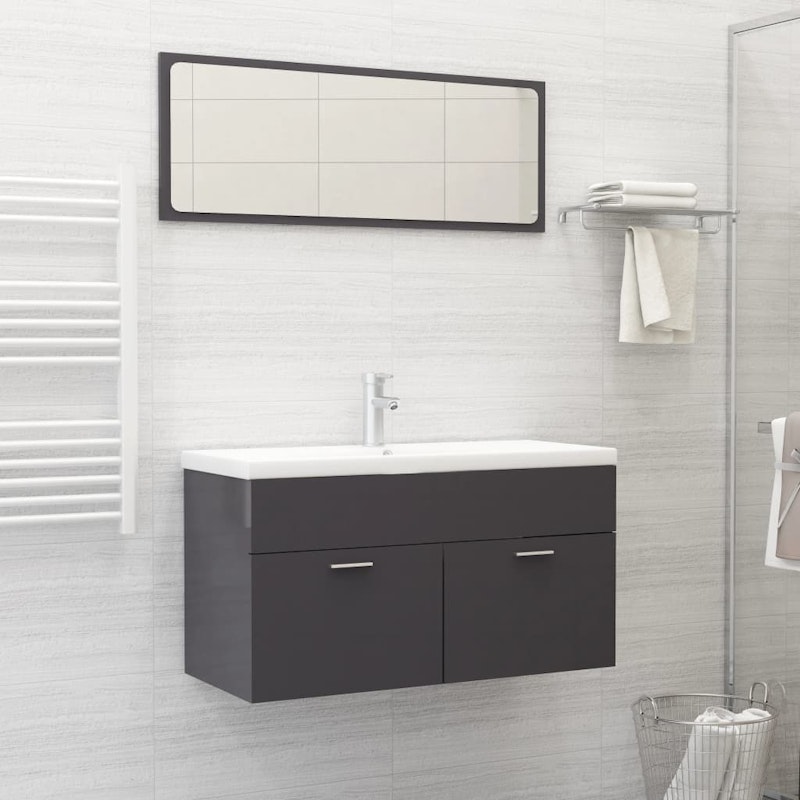 NNEVL 2 Piece Bathroom Furniture Set High Gloss Grey Chipboard image number null