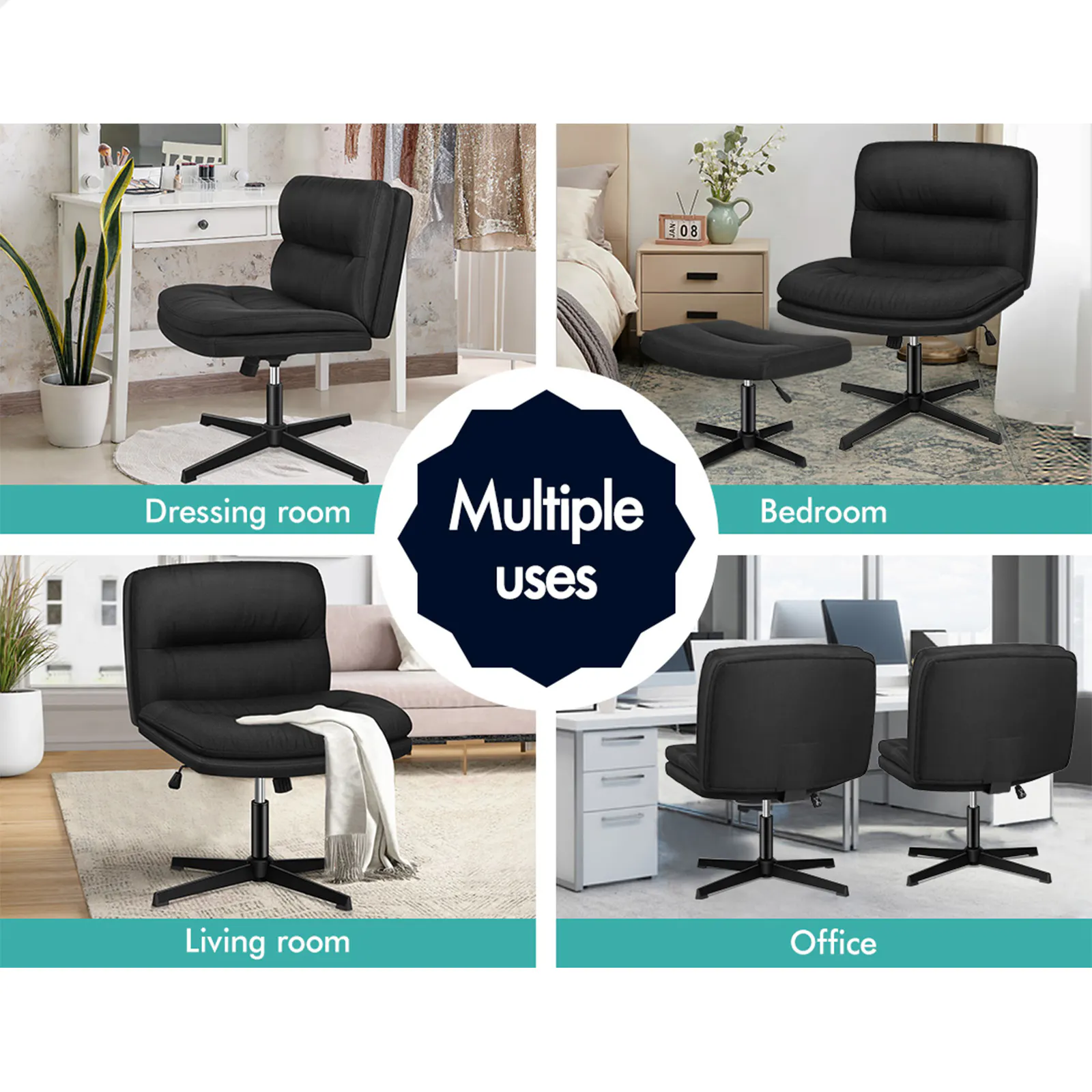 Alfordson Office Chair Computer Seat Cross-legged Work Ottoman Fabric Black