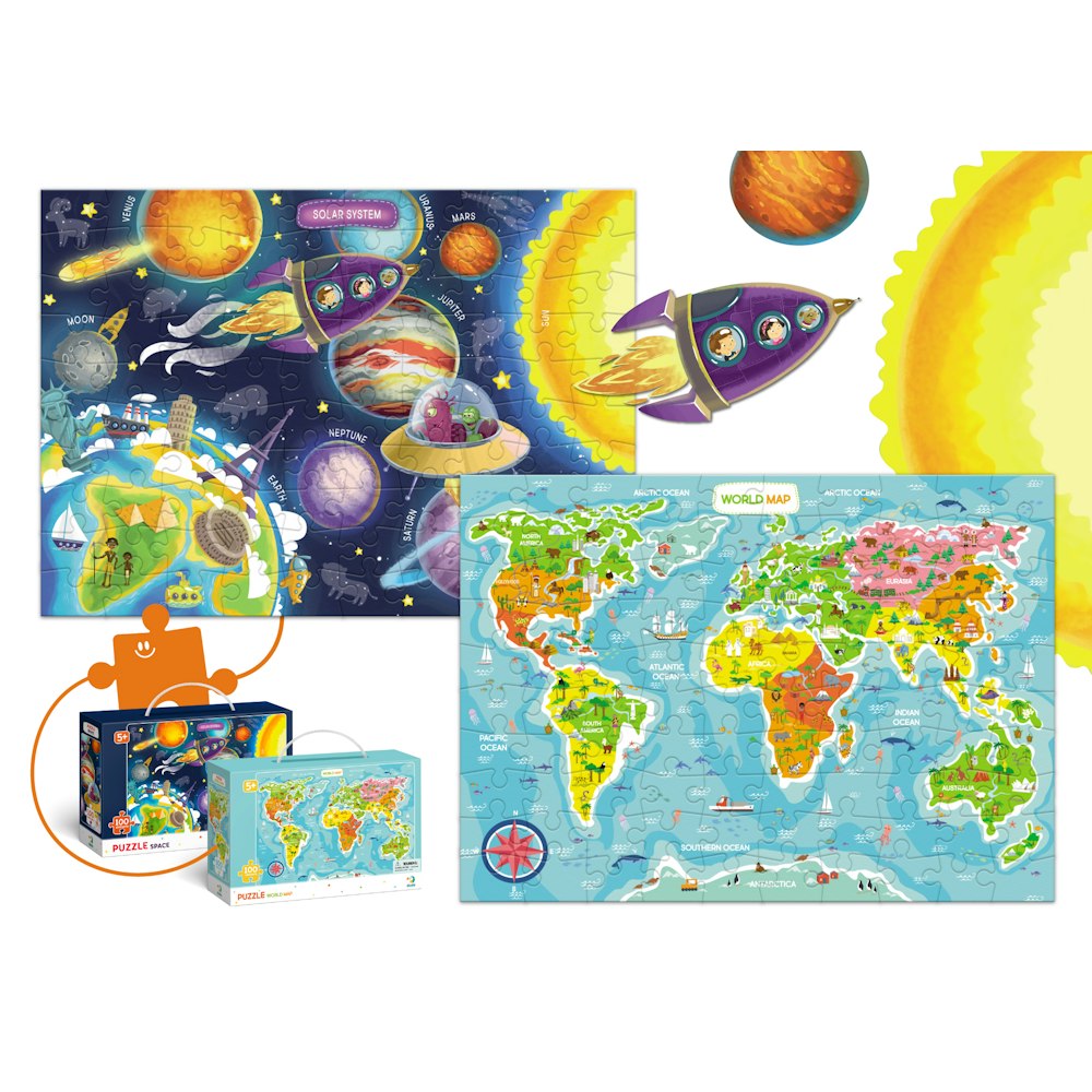 Dodo Dodo World Map & Space Jigsaw Puzzles Set (2 X 100 Pieces)