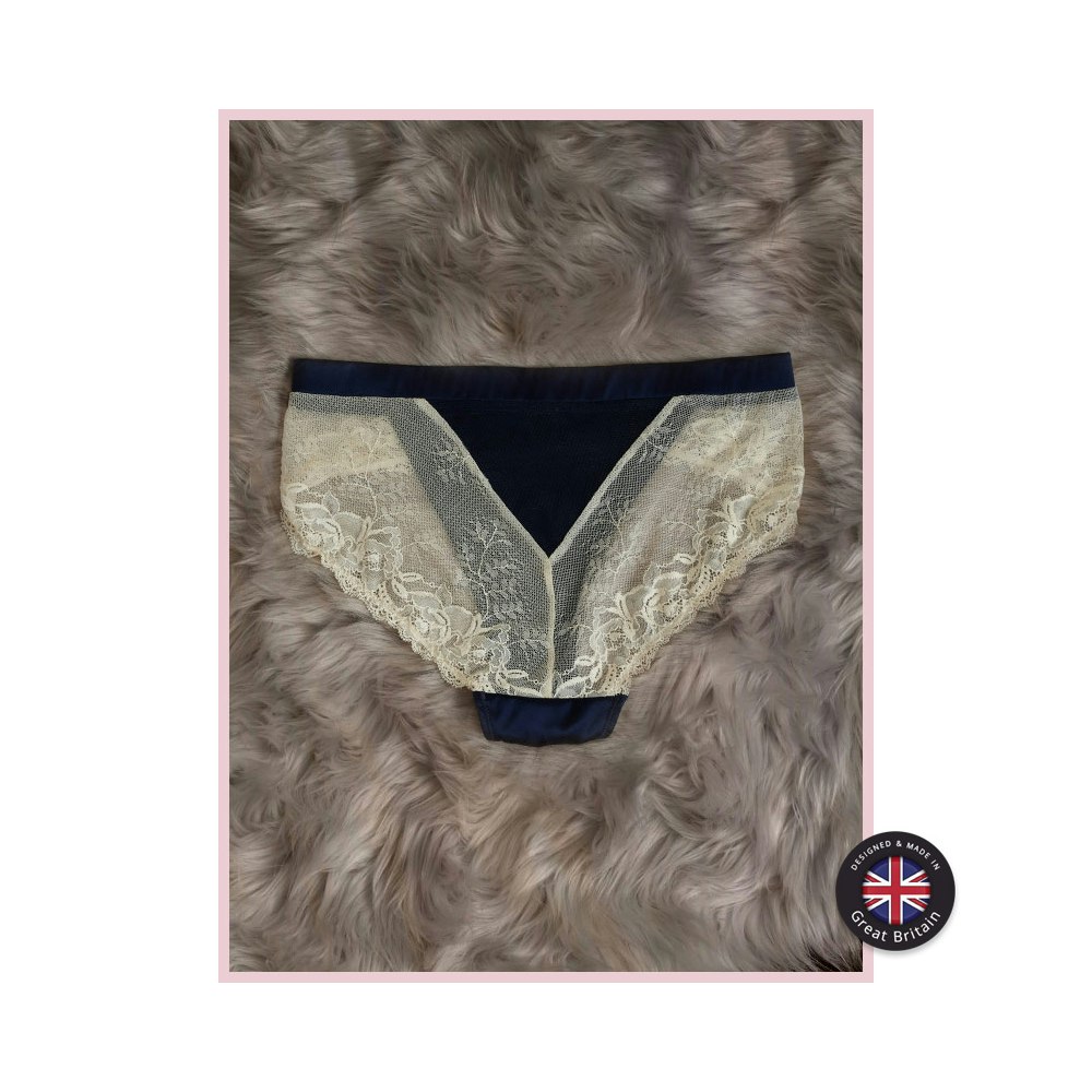 Beautifully Buxom 'darcie' Navy & Cream Satin & Lace Briefs Uk Made Norfolk Brand