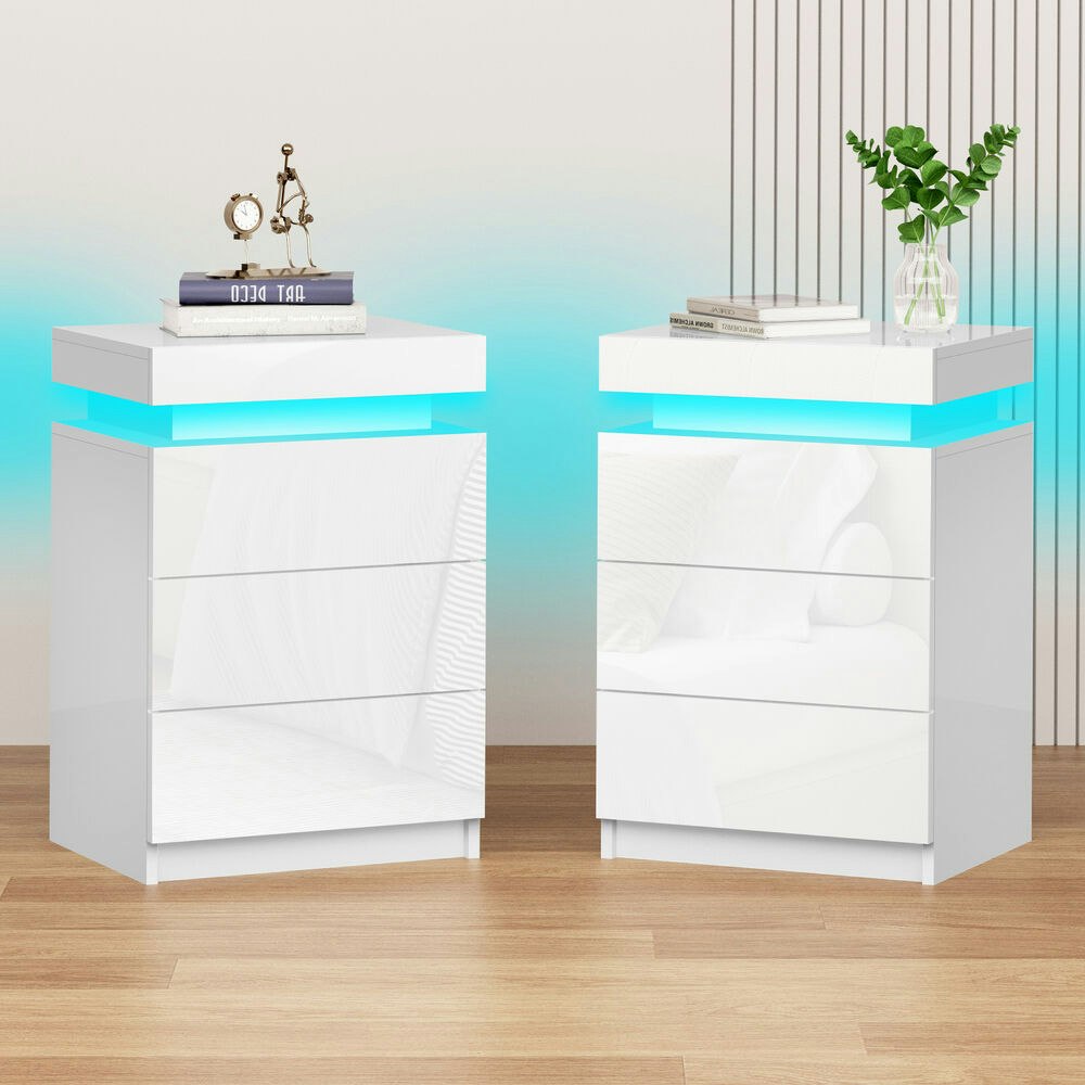 Alfordson 2x Bedside Table LED White Gloss