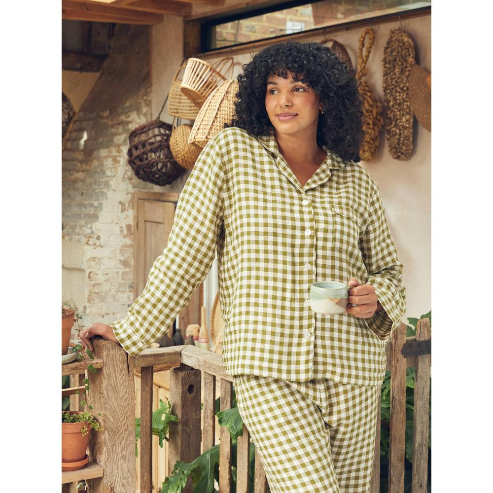 Piglet in Bed Botanical Green Gingham Linen Pyjama Shirt