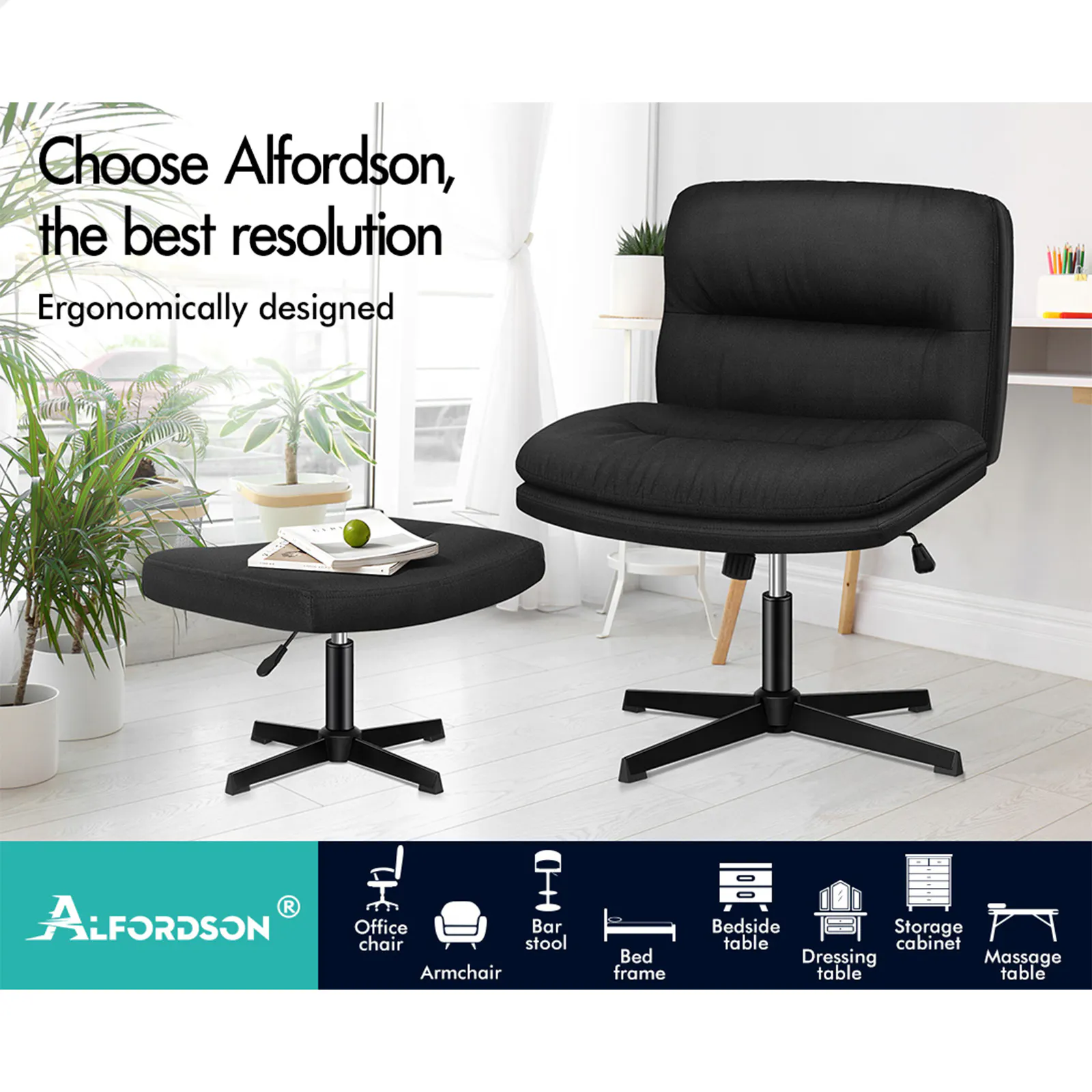 Alfordson Office Chair Computer Seat Cross-legged Work Ottoman Fabric Black