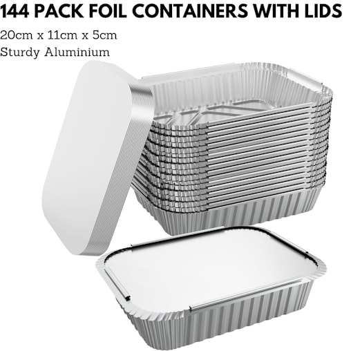 144x Aluminium Disposable Foil Food Container Trays Pans w/ Lids Covers Bulk 20x11x5cm 144x Aluminium Disposable Foil Food Container Trays Pans w/ Lids Covers Bulk 20x11x5cm