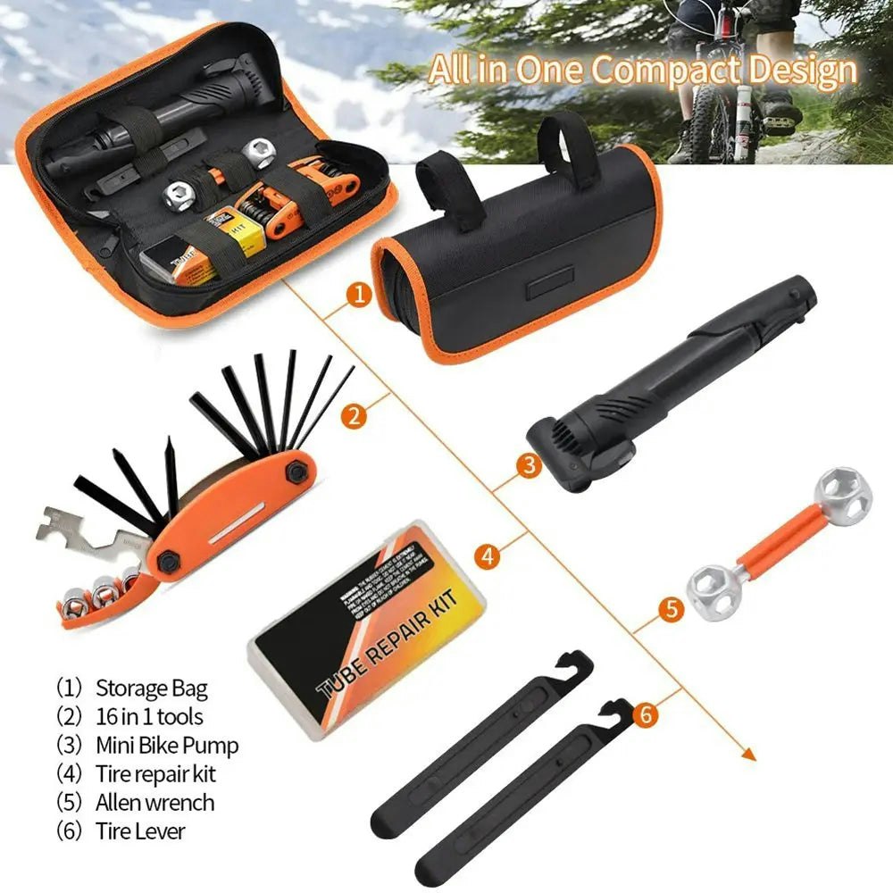 AKEZ Portable Tyre Tool Bag Multi-function Bike Tire Repair Tool Kit Inflator Repair Wrench Set - Black&Orange