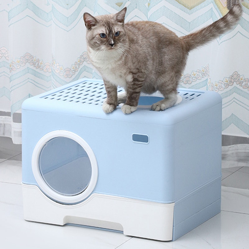 Furbulous Camera Shape Anti-Splashing Enclosed Cat Drawer Litter Box - Blue image number null