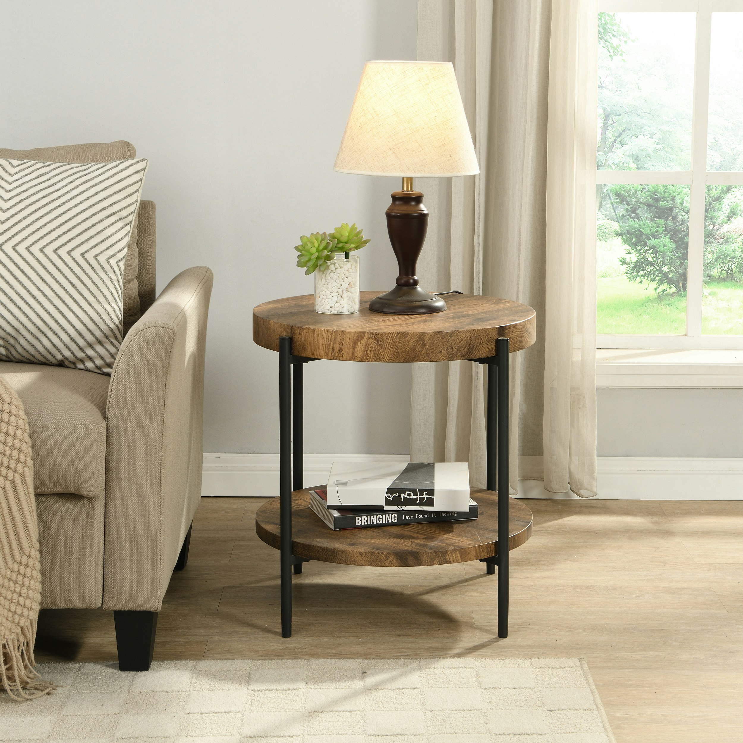 IHOMDEC 2-Tier Wooden Round Side Table with 4 metal legs Rustic Dark Brown