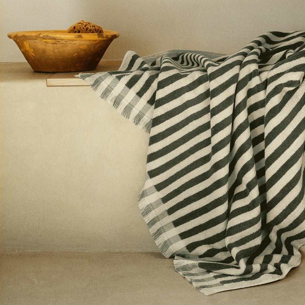 Piglet in Bed Olive Green Pembroke Stripe Cotton Towels