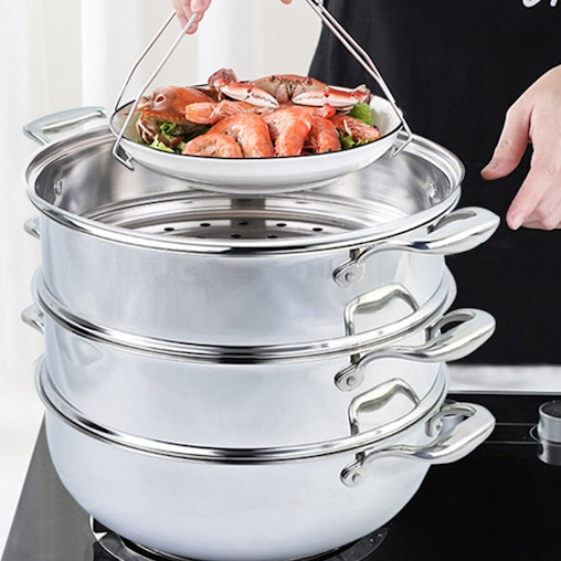 SOGA 3 Tier 28cm Heavy Duty Stainless Steel Food Steamer Vegetable Pot Stackable Pan Insert with Glass Lid SOGA 3 Tier 28cm Heavy Duty Stainless Steel Food Steamer Vegetable Pot Stackable Pan Insert with Glass Lid