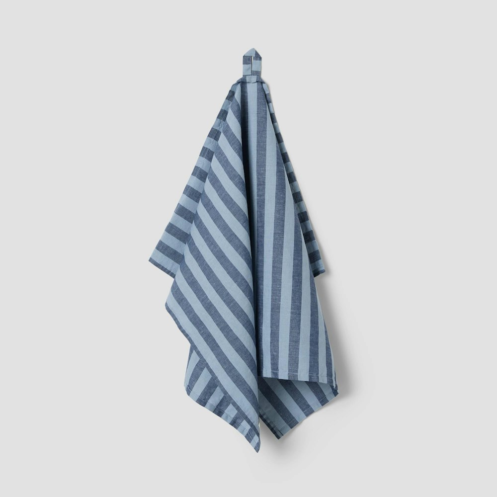 Piglet in Bed Dusty Blue Pembroke Stripe Linen Blend Tea Towel