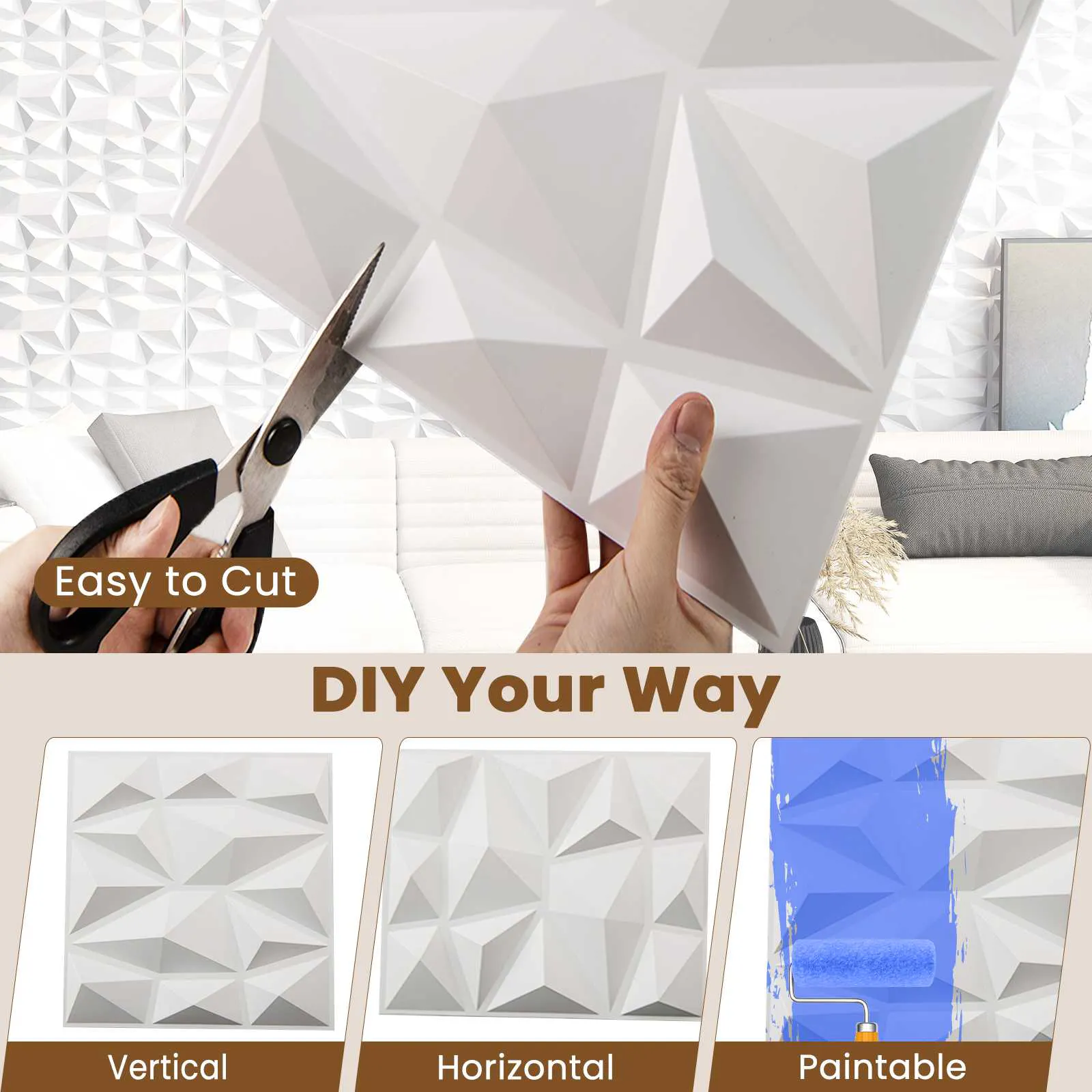 Costway 50-Pack 3D Wall Panels Accent PVC Wall Decoration Diamond Patterned DIY Square Panels Cover