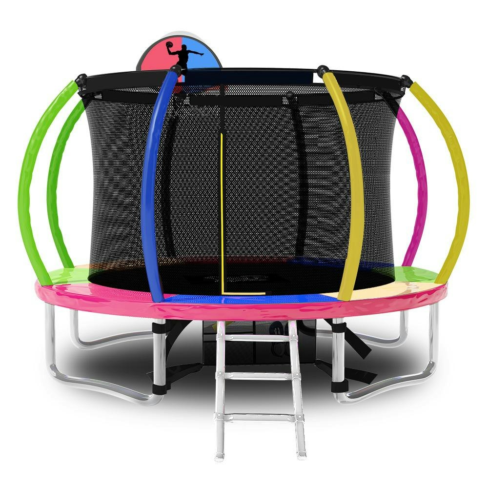 10FT Rainbow Curved Trampoline with Spring Ladder Safety Net Basketball Set