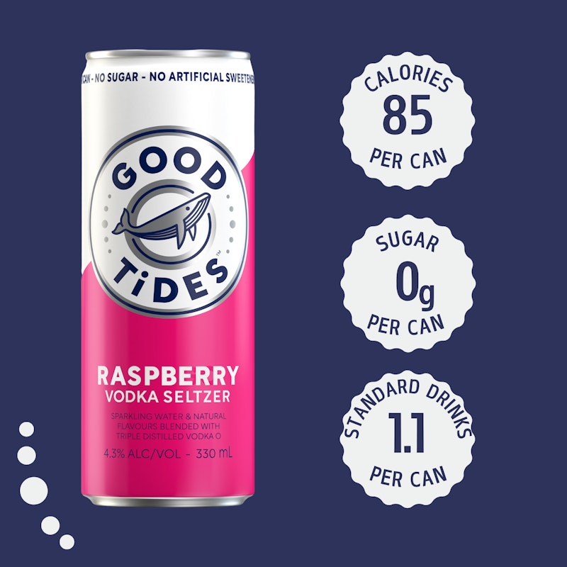 Good Tides Hard Seltzer Raspberry, Zero Sugar, Low Calorie, Refreshing Spritzed Drink, 4.3% ABV, 330mL (Case of 24 Cans) image number null