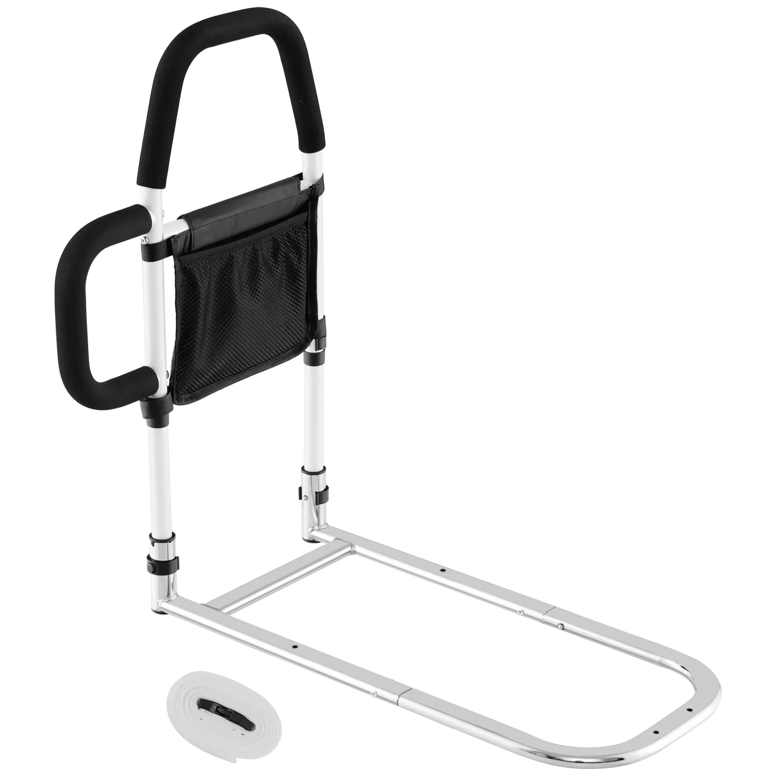 Costway Bed Rail Dual Handle Aid Handrail Get Up Assist Bar w/Pocket & Security Strap, White