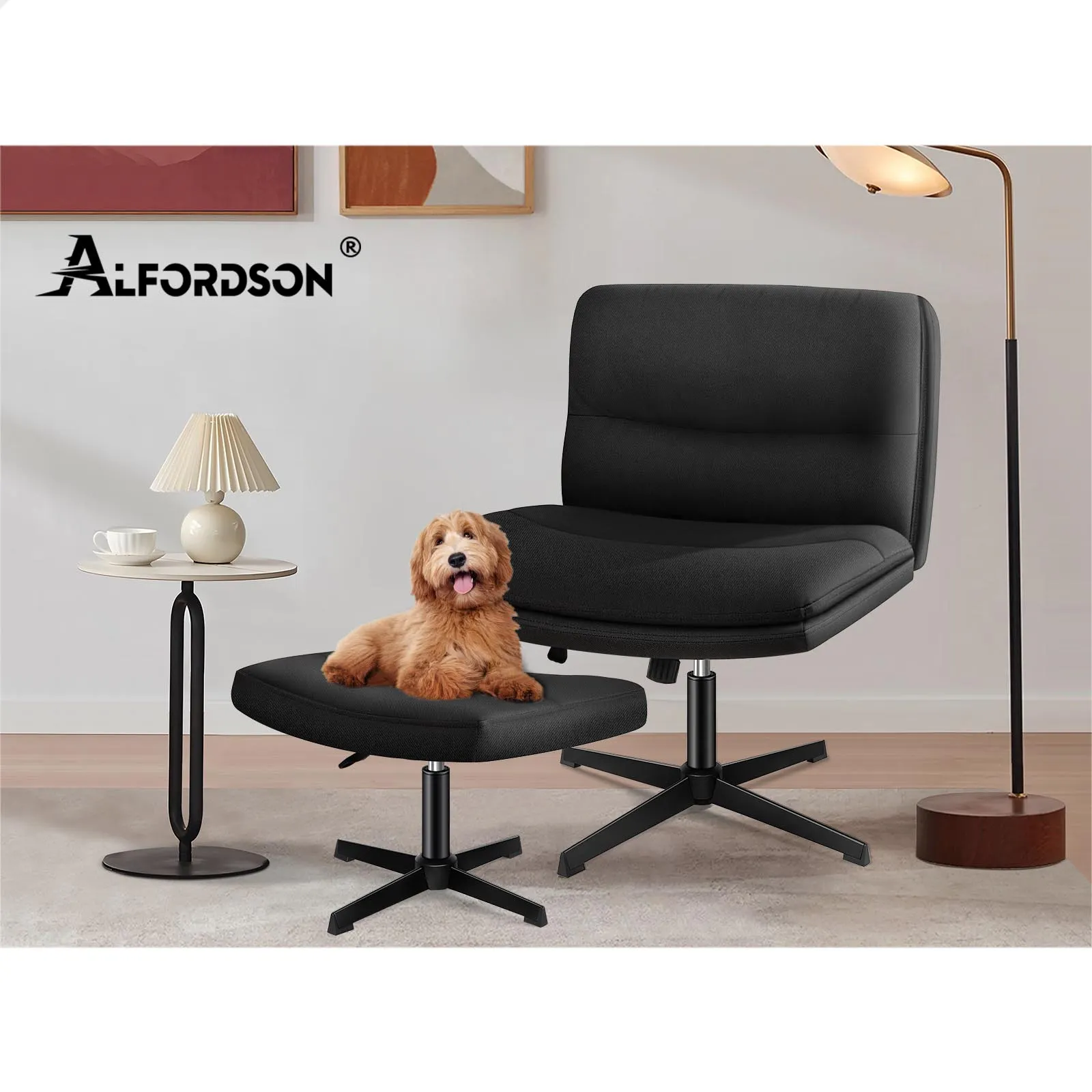 Alfordson Office Chair Computer Seat Cross-legged Work Ottoman Fabric Black