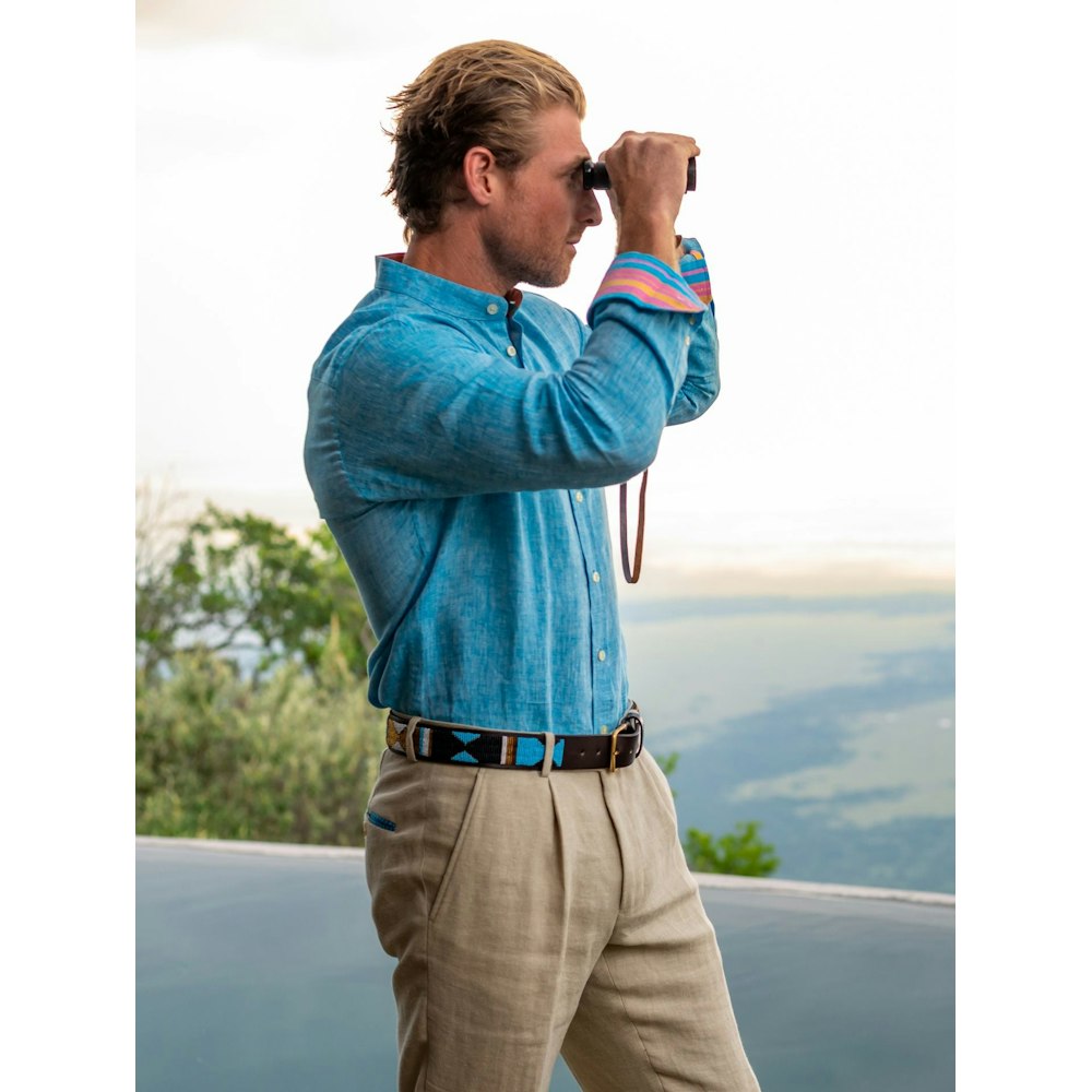 Koy Clothing Nyota Turquoise Linen Shirt - Grandfather Collar
