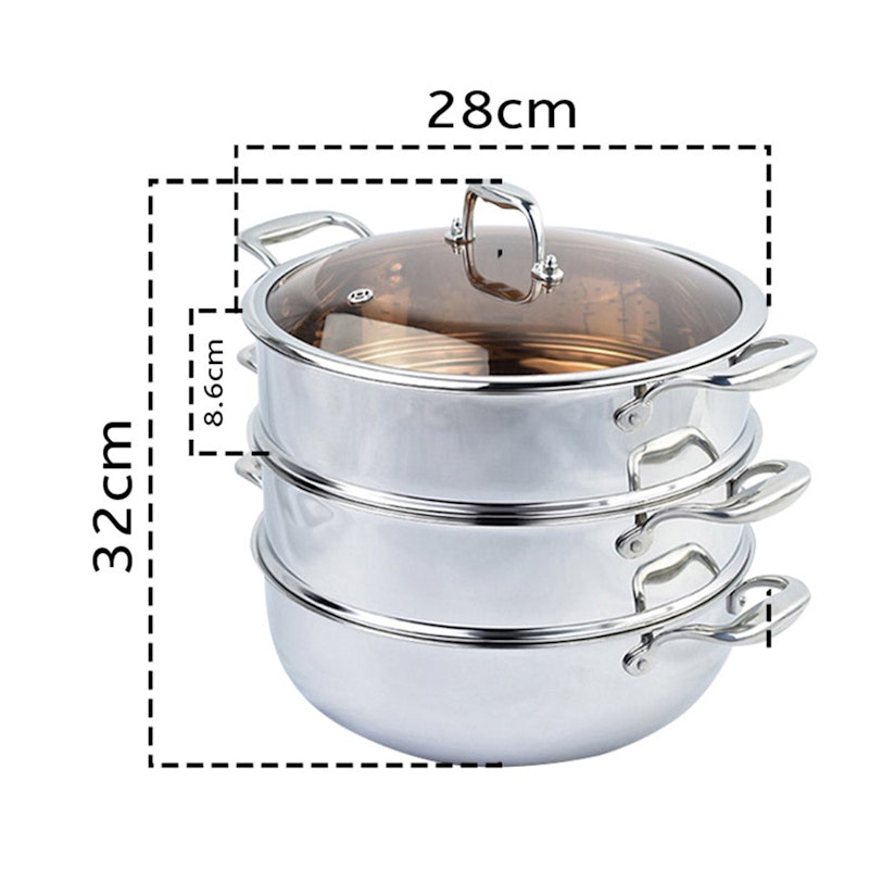 SOGA 3 Tier 28cm Heavy Duty Stainless Steel Food Steamer Vegetable Pot Stackable Pan Insert with Glass Lid image number null