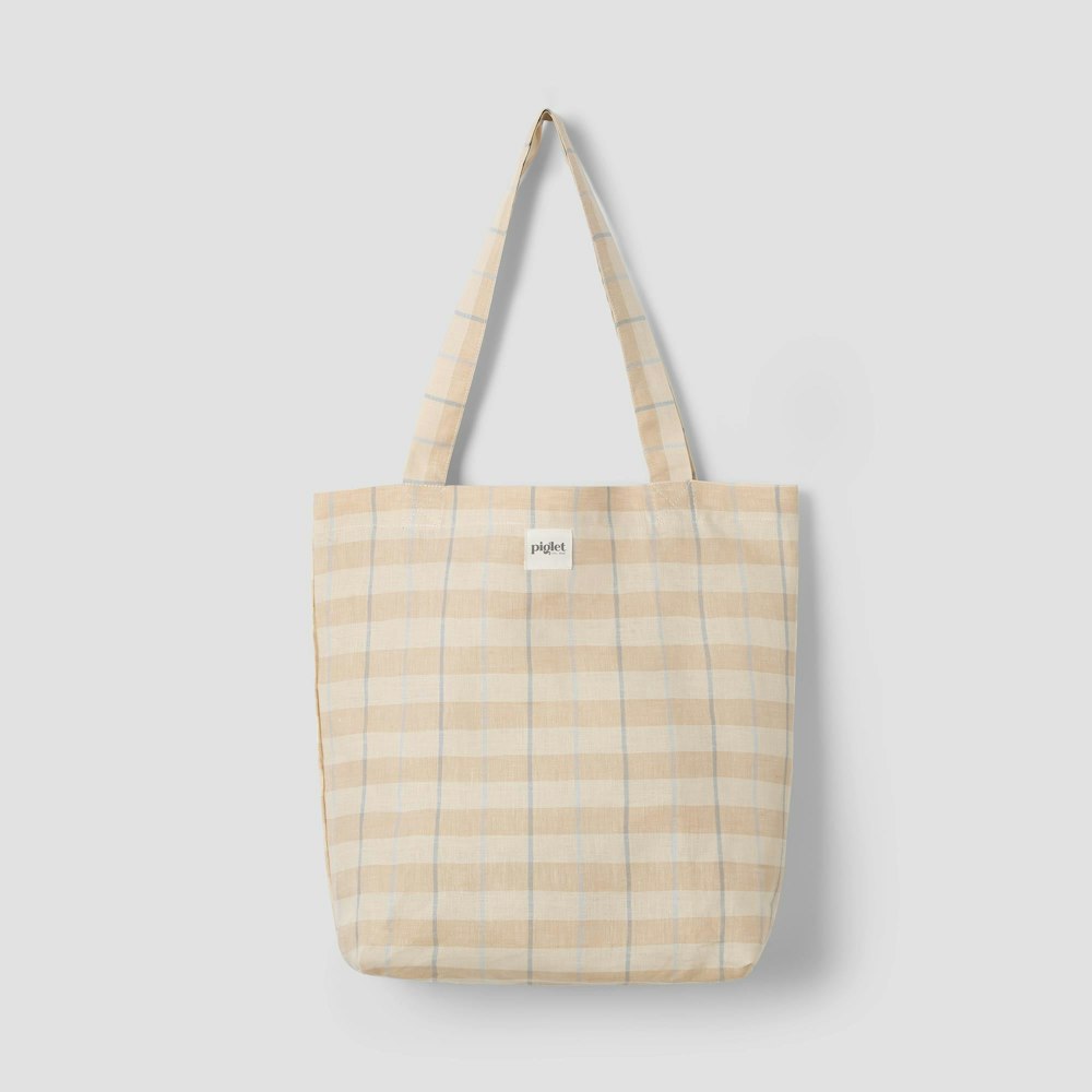 Piglet in Bed Cafe Au Lait Check Stripes 100% Linen Tote Bag