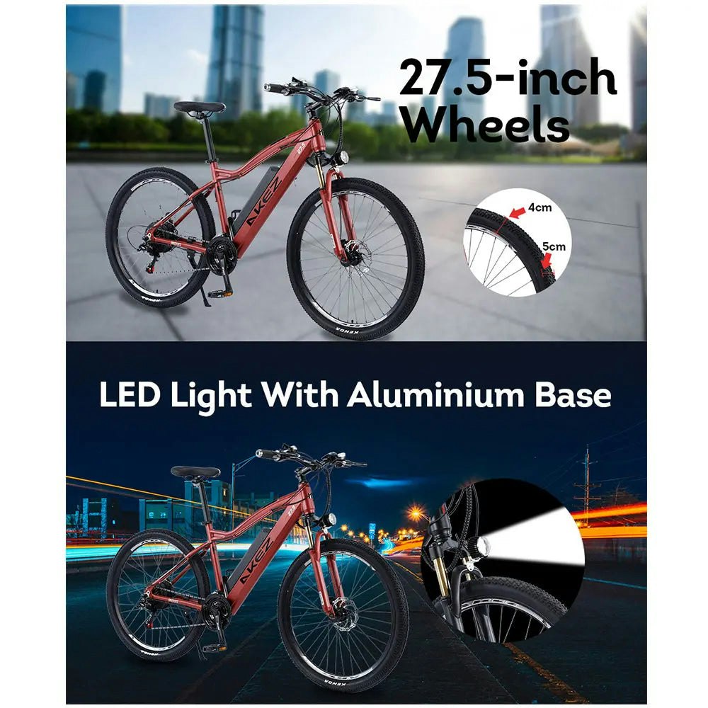 AKEZ 500W 48V Electric Mountain Bike Aluminum Alloy Frame 27.5 Inch eBike Wine Gray Black