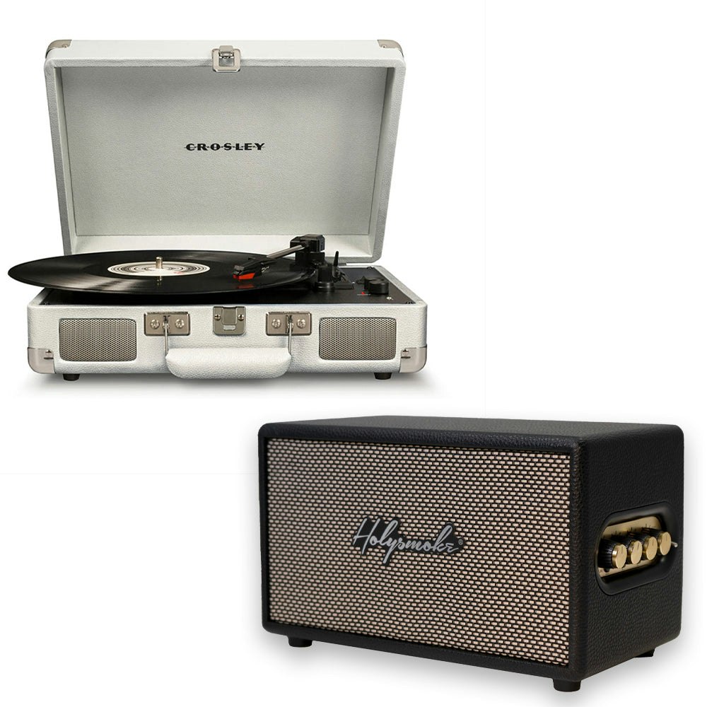 Crosley Cruiser Bluetooth Portable Turntable - White Sands + Bundled HolySmoke Bluetooth Retro Speaker - Black