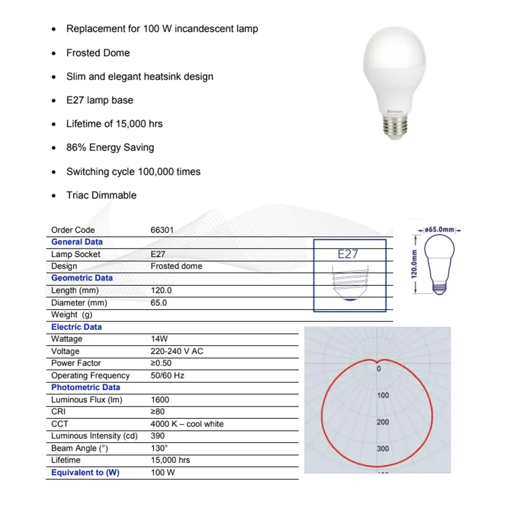 5x Verbatim E27 Screw Cool White Classic A Dimmable Light Bulb 14W/1600lm/4000K