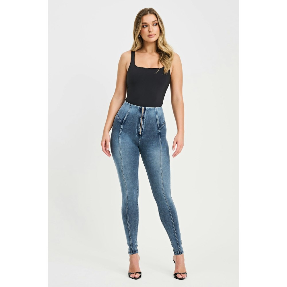 Freddy Wr.up® Denim With Feature Seam - High Waisted - Full Length - Washed Blue + Blue Stitching