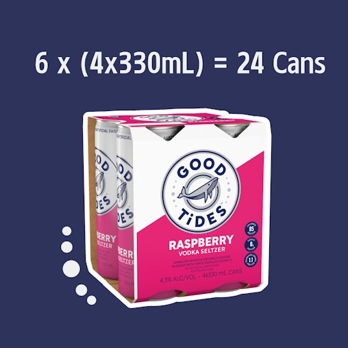 Good Tides Hard Seltzer Raspberry, Zero Sugar, Low Calorie, Refreshing Spritzed Drink, 4.3% ABV, 330mL (Case of 24 Cans) Good Tides Hard Seltzer Raspberry, Zero Sugar, Low Calorie, Refreshing Spritzed Drink, 4.3% ABV, 330mL (Case of 24 Cans)